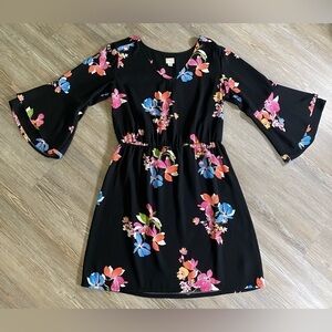 A New Day Black Dress with Floral Print, Elastic Waist & Bell Sleeves